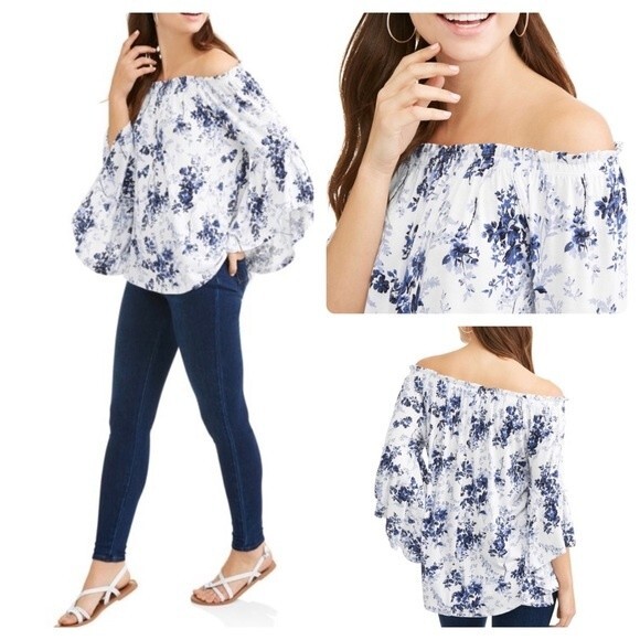 Off shoulder white and blue flutter sleeve floral top size small - Picture 1 of 6